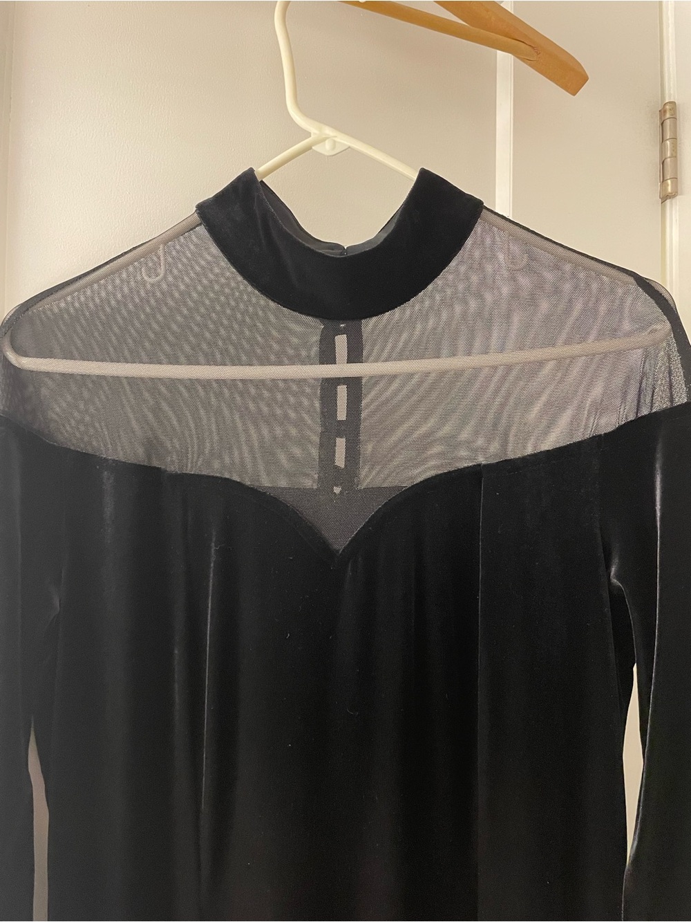 Vintage 90’s Elegant Black Velvet Long-Sleeve Evening Dress with Sheer Yoke - Picture 4 of 9